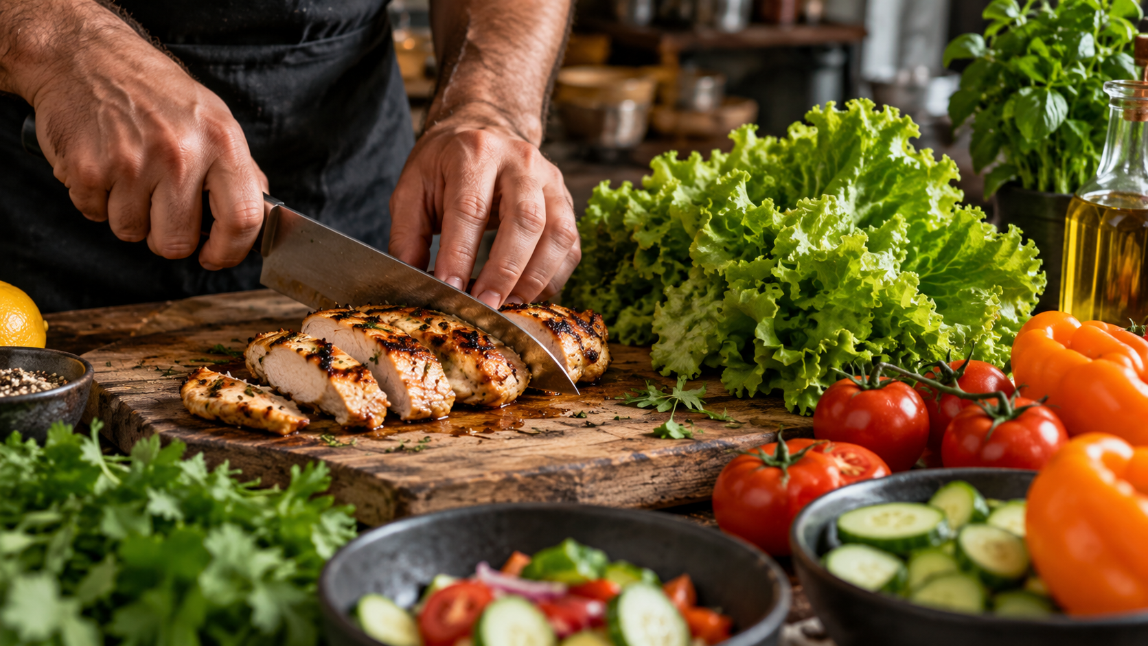 Fresh grilled chicken and vegetables being prepared